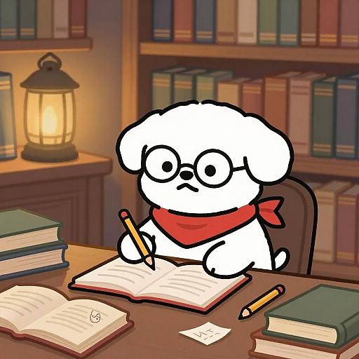 Cartoon white dog with round glasses, red scarf, writing in an open book, surrounded by books and a lit lantern.