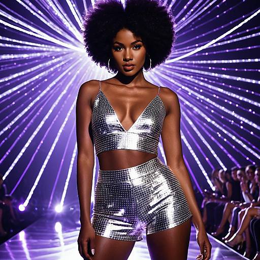 Confident Black Woman in Silver Metallic Disco Outfit on Runway