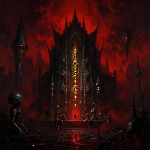 Digital artwork of a dark, gothic cathedral with glowing red eyes and golden runes, surrounded by shadowy figures and eerie red smoke.