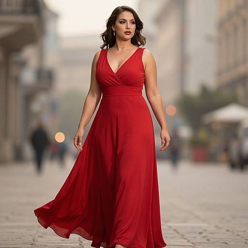 Photograph of a curvy woman with medium skin tone and dark wavy hair, wearing a flowing red V-neck gown, walking down a blurred urban