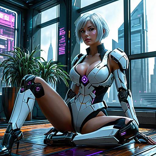 Digital art: Cyberpunk-style woman with white bob haircut and large breasts, wearing futuristic white and black armor, sitting on wooden floor in neon-lit