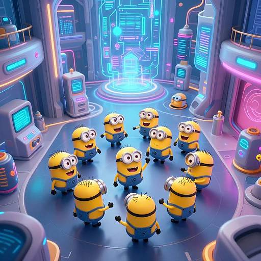 Bright, neon-lit sci-fi laboratory with nine cheerful Minions in yellow and blue, forming a circle on a glowing floor.