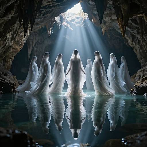 Ethereal Veiled Figures in Cavern