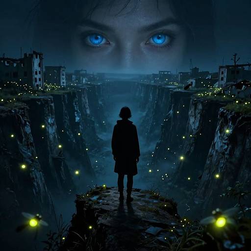 Digital art: Silhouette of person with short hair standing on narrow bridge between dark, glowing cliffs, illuminated by fireflies. Massive, intense blue eyes