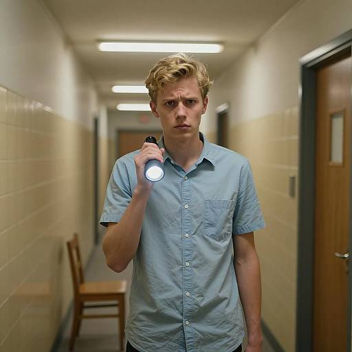Young Man in Dimly Lit Corridor