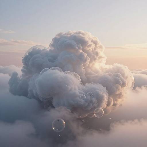 Photorealistic CGI of a towering, fluffy white cloud illuminated by a soft, glowing sunset, with translucent bubbles floating around.