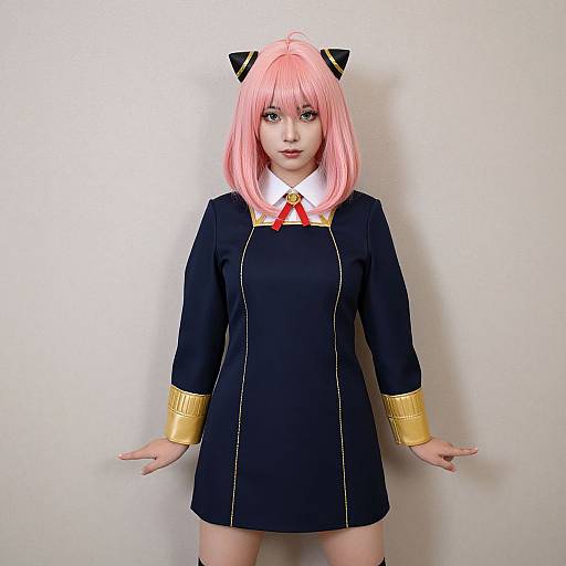 Photograph of a young woman with pink hair, black cat ears, wearing a black military-style dress with gold cuffs and a red ribbon, standing against