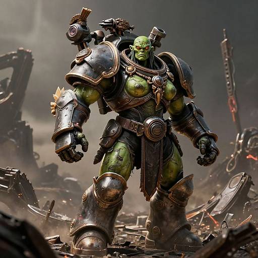 CGI image of a muscular, green-skinned orc warrior in metallic armor, standing amidst a dystopian, wreckage-filled battlefield with dark, smoky