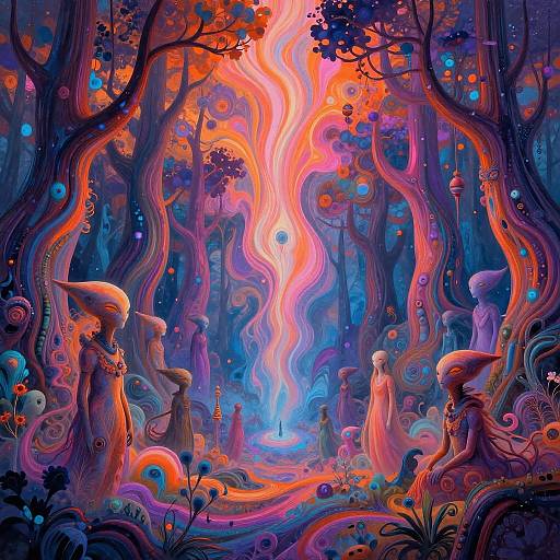 Vibrant, surreal digital painting of a mystical forest with swirling, colorful trees, glowing lights, and ethereal, humanoid creatures in an otherworld