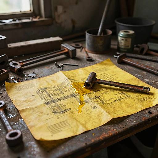 Photograph of a cluttered workshop table with a yellow blueprint, rusted tools, and a wrench on a weathered, oil-stained surface.
