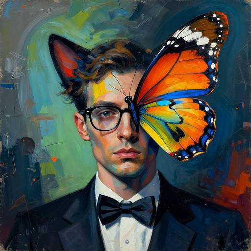 Digital painting of a serious man with glasses, brown hair, black bow tie, and suit, with a vibrant orange and blue butterfly on his face.
