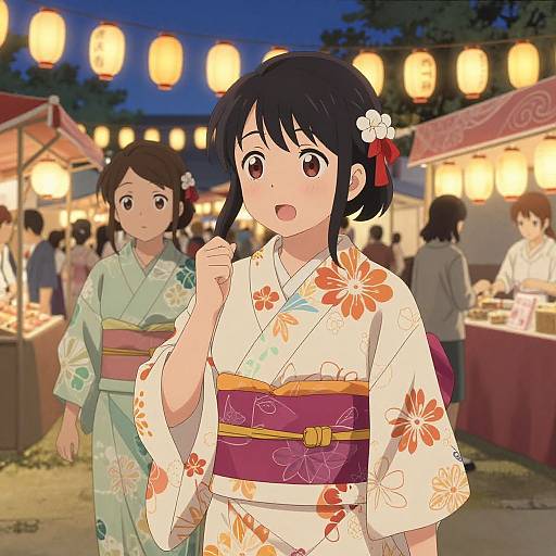 Anime-style digital drawing of two young Japanese women in colorful kimonos at a night festival, illuminated by glowing lanterns.