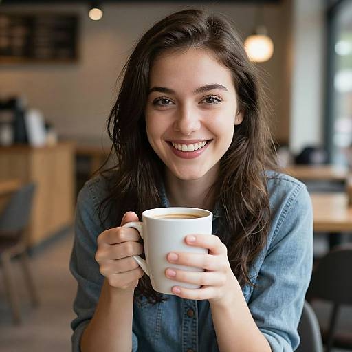 Photograph of a smiling young woman with long brown hair, wearing a blue denim shirt, holding a white coffee cup in a cozy, softly lit café