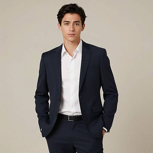 Photograph of a young man with short, dark hair, wearing a black suit, white dress shirt, and black belt, standing against a plain white