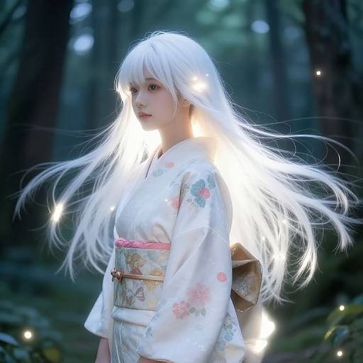 Photograph of a young Asian woman with long white hair, wearing a white floral kimono, surrounded by glowing lights in a dark forest.