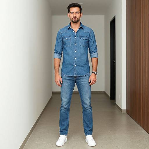 Photograph of a handsome, bearded man with dark hair, wearing a blue denim shirt and pants, white sneakers, standing in a modern, white
