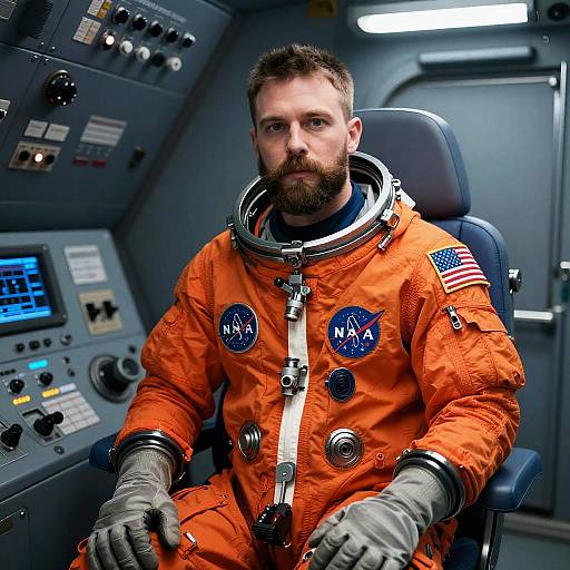 Photograph of a bearded man in an orange NASA spacesuit, seated in a spacecraft cockpit, wearing gloves and a helmet, with American flag patch