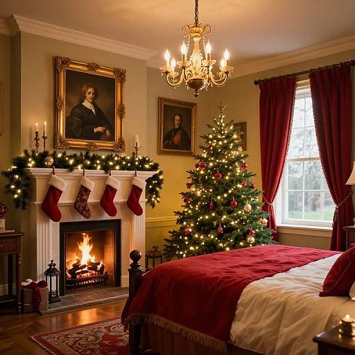 Cozy Christmas living room with lit fireplace, decorated tree, red curtains, chandelier, and framed portraits above a mantel with stockings.