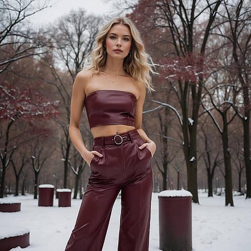 Blonde Woman in Red Leather Outfit in Snowy Park