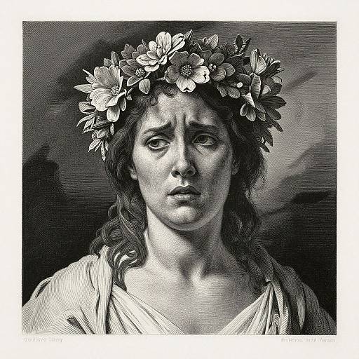 Black and white engraving of a sorrowful woman with a flower crown, wavy hair, and a draped garment, with a dark, textured background
