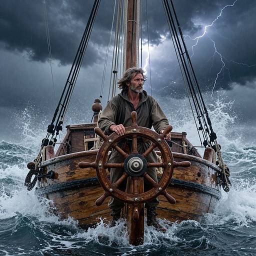 Photograph of a rugged, bearded man steering a wooden ship through stormy waters with lightning illuminating the dark, cloudy sky.