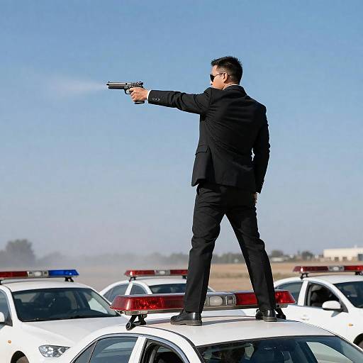 Man in Black Suit Aiming Handgun on Car Roof