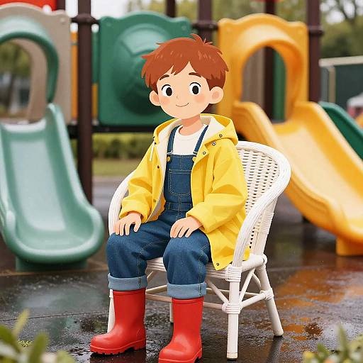 Cheerful Child in Rainy Playground