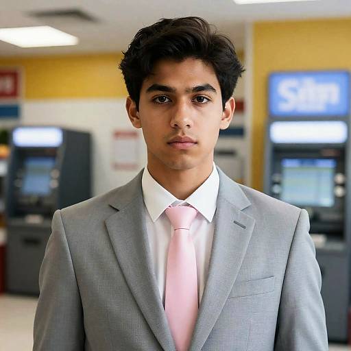 Young Man in Gray Suit with Neon Background