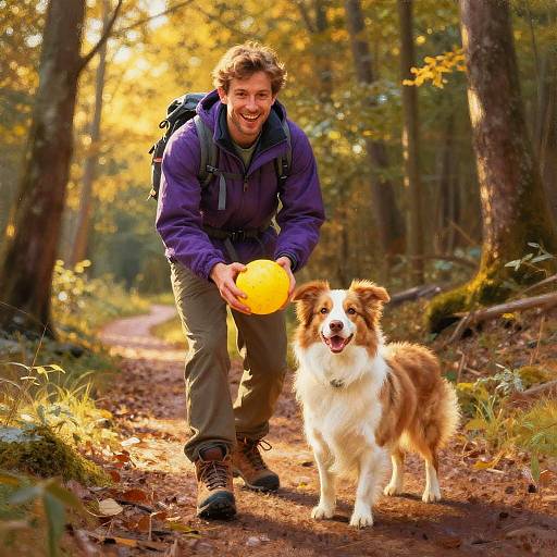 Photograph of a smiling man in a purple jacket and backpack, holding a yellow ball, walking a brown and white dog on a sunlit forest path
