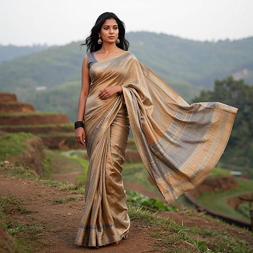 Photograph of a confident Indian woman with long black hair, wearing a gold silk saree with wide sleeves, standing on a terraced hillside with