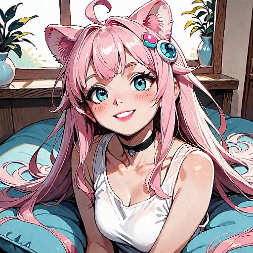 Nekomimi Pink-Haired Girl in Living Room