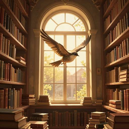 Photograph-style digital artwork of a library with tall shelves filled with books, a large arched window letting in warm sunlight, and a bird mid-flight