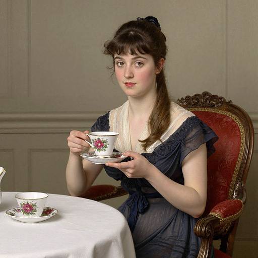 Victorian-style photograph of a fair-skinned woman with brown hair, wearing a black dress, holding a floral teacup, seated in an orn
