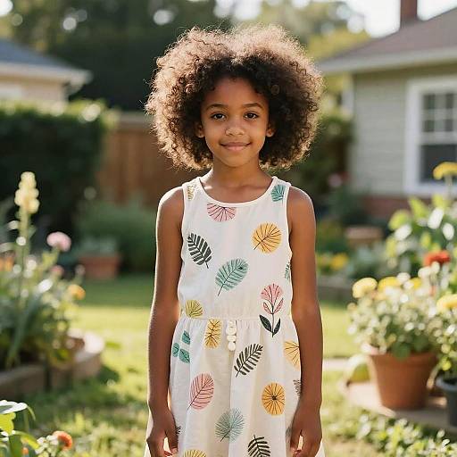 Photograph of a young African-American girl with natural curly hair, wearing a white floral dress, standing in a sunlit garden.