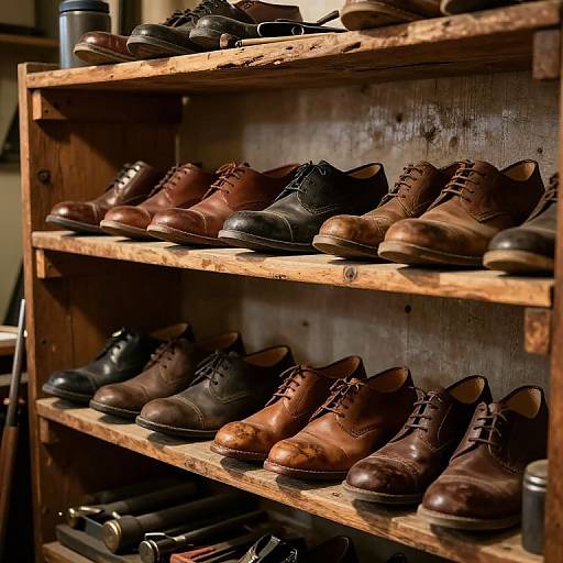 Photograph of a wooden shelf filled with various brown and black leather boots, showing a rustic, worn texture and organized arrangement.