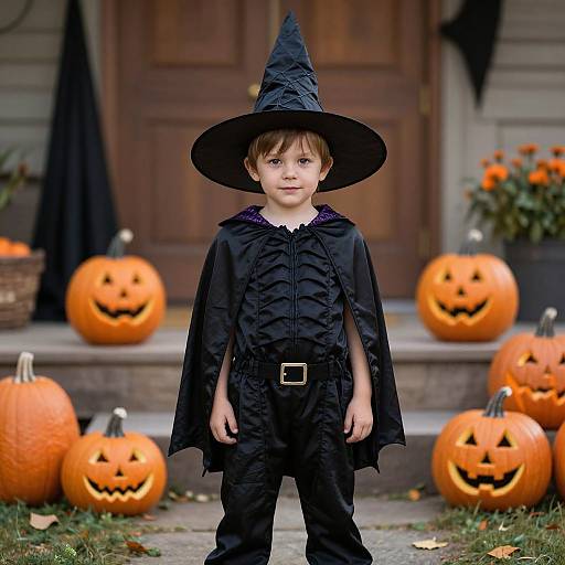 Photograph of a young boy in a black witch costume with a pointed hat, standing in front of carved pumpkins and a wooden door. Halloween-themed