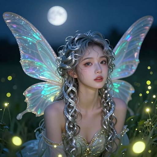 Digital fantasy artwork of a fair-skinned, silver-haired fairy with iridescent wings, moonlit night, glowing fireflies, and ethereal attire