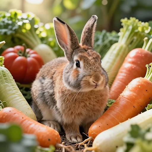 Photograph of a brown and grey rabbit with upright ears, surrounded by vibrant orange and white carrots, red tomatoes, and green leafy vegetables in a