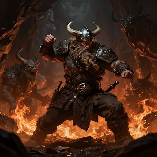 Digital fantasy artwork of a fierce Viking warrior in armor with horns, fur, and sword, standing amidst fiery flames, surrounded by dark, rocky terrain and