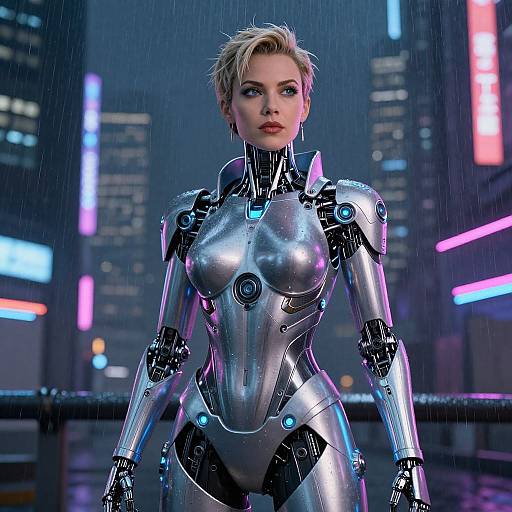 Futuristic Android Woman in Cyberpunk City