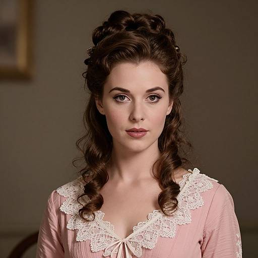 Photograph of a fair-skinned woman with dark, wavy hair in vintage curls, wearing a pink lace-trimmed dress, looking directly at