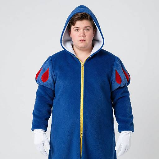 Photograph of a young man with light skin, brown hair, wearing a blue, hooded costume with red shoulder accents, white gloves, and a