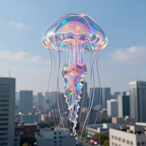 Photograph of a colorful, iridescent jellyfish with translucent, rainbow-hued bell and tentacles, floating above a blurred city skyline under a