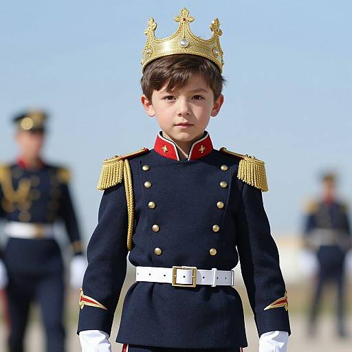 Photograph of a young boy in a black military-style uniform with gold epaulettes, white belt, and gold crown, standing outdoors with blurred