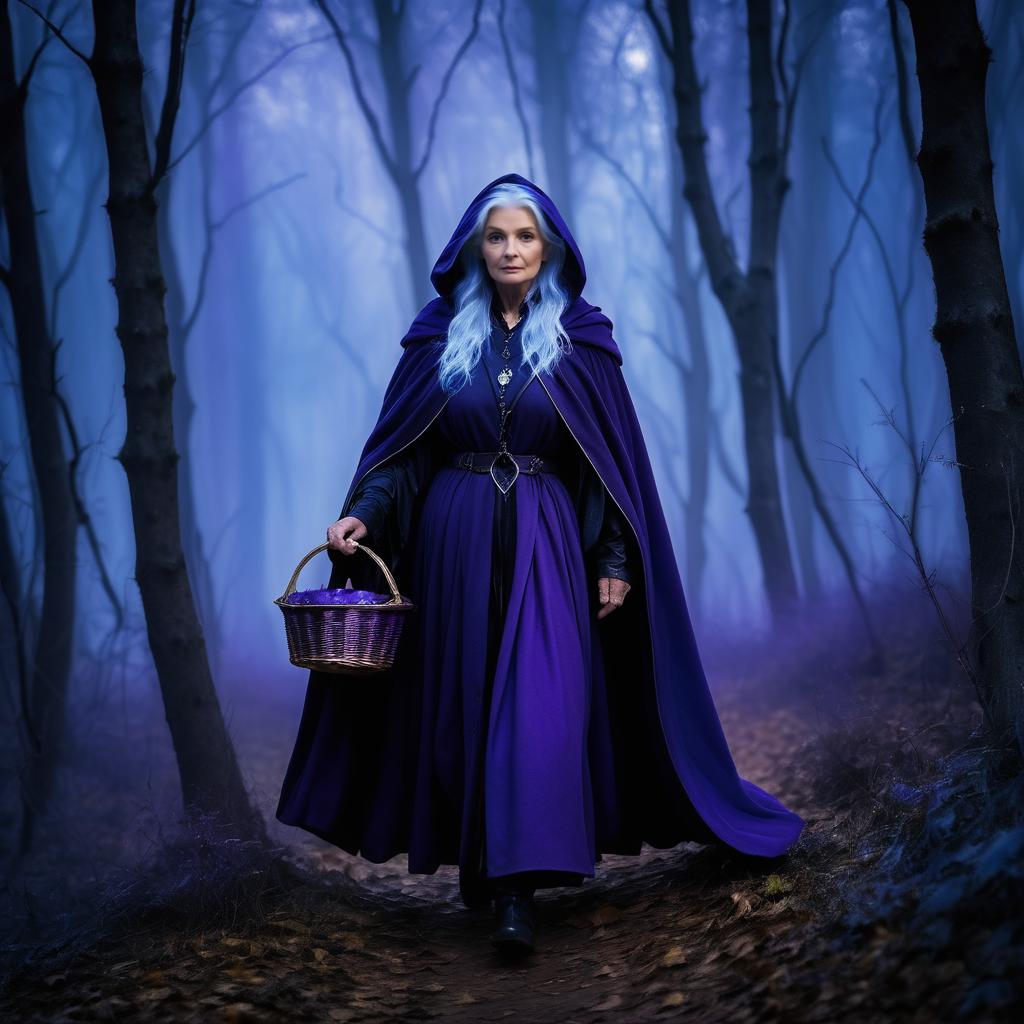 Elderly Witch Walking in Enchanted Forest