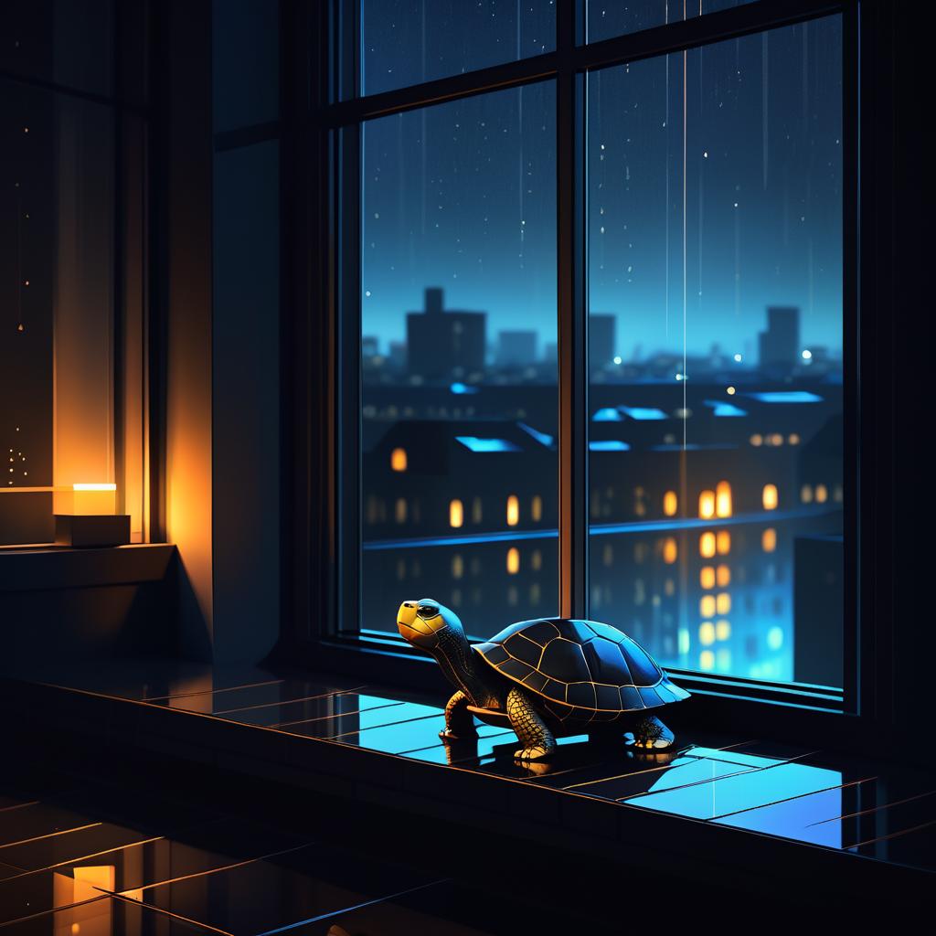 Melancholic Turtle by the Rainy Window