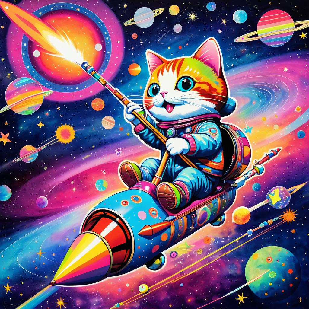 Whimsical Cat on Rocket in Space