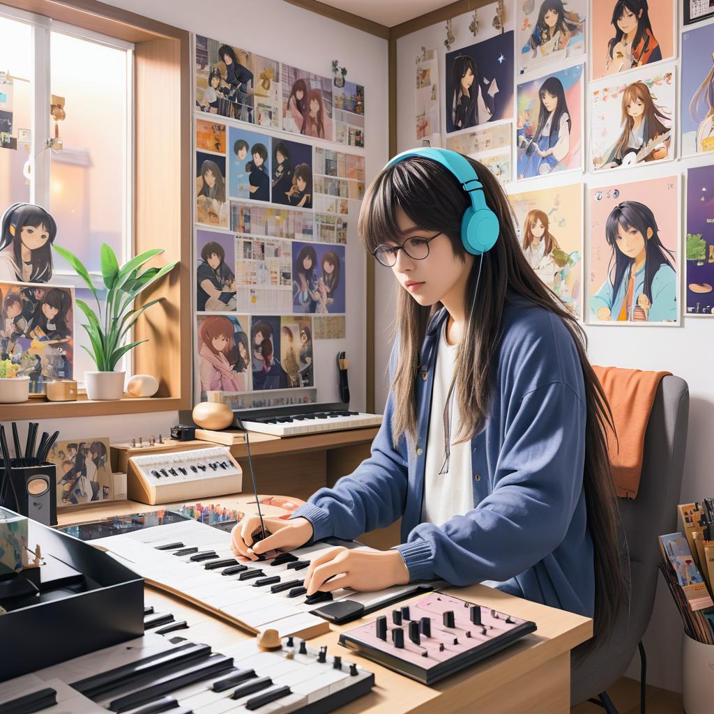 Shy Musician Composing in Whimsical Bedroom