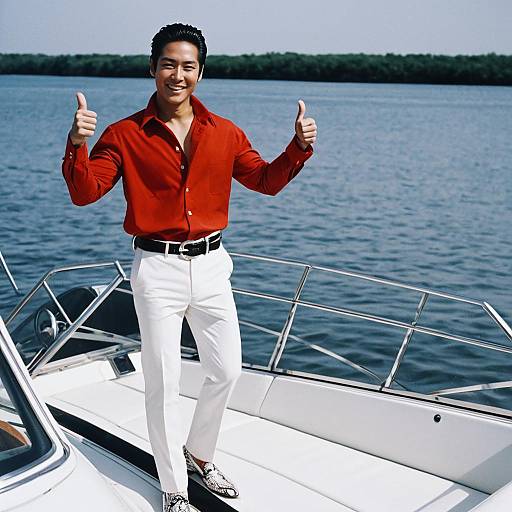 Man in Red Shirt on Speed Boat Giving Thumbs Up