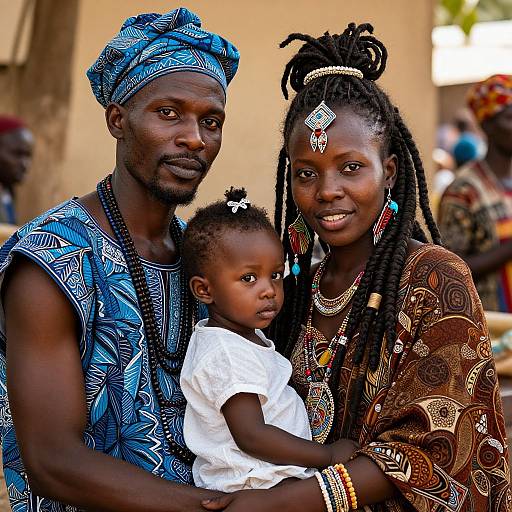 Photograph of a Black African family: father with blue patterned shirt and headwrap, mother with brown patterned dress and beaded jewelry, holding